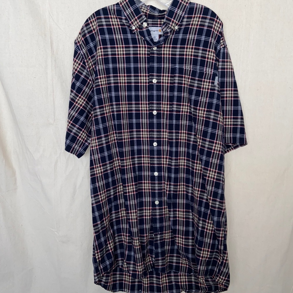 Carhartt men’s Large tall blue/red Plaid Short Sleeved Shirt Farm chore Cowboy
